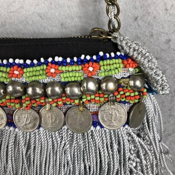 Elliot Mann Purse Beaded Fringe Coin Indie Firefly Boho Art to Wear Retro - Picture 6 of 16